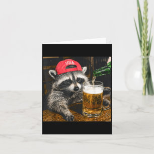 Lustiger Waschbär trinkt Bier USA Hut Patriotisch Karte