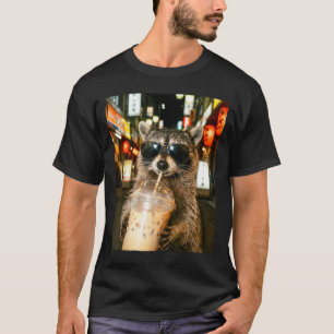 Lustiger Waschbär trinkt Eis Kaffee Männer Frauen T-Shirt