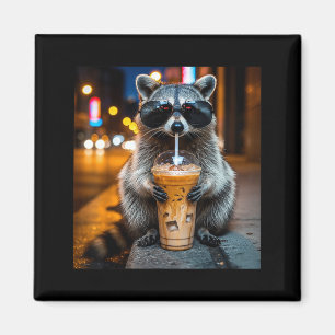Lustiger Waschbär trinkt eisgekühlten Kaffee Tier- Magnet