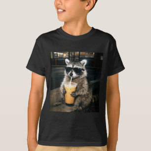 Lustiger Waschbär trinkt eisgekühlten Kaffee Tier  T-Shirt