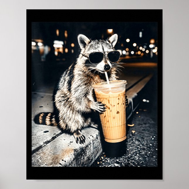 Lustiger Waschbär trinkt Eiskaffee  Poster (Vorne)