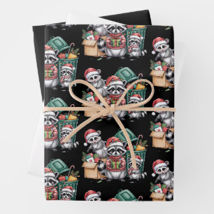 Lustiger Waschbär-Weihnachten Opossum & Straßenkat Geschenkpapier Set