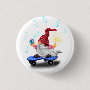 Lustiger Weihnachts-Button Skater Gnom mit Geschen Button