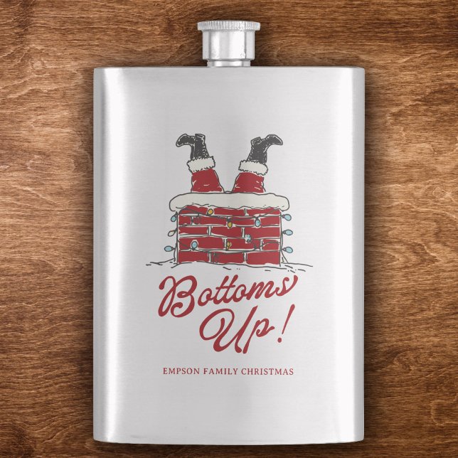 Lustiger Weihnachts-Party-Spruch 'Santa Bottoms Up Flachmann (Stainless steel flask with a Santa chimney motif, light string detail, and bold “Bottoms Up!” script)