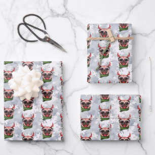 Lustiger Weihnachts-Rentier-Mops mit Schal Geschenkpapier Set