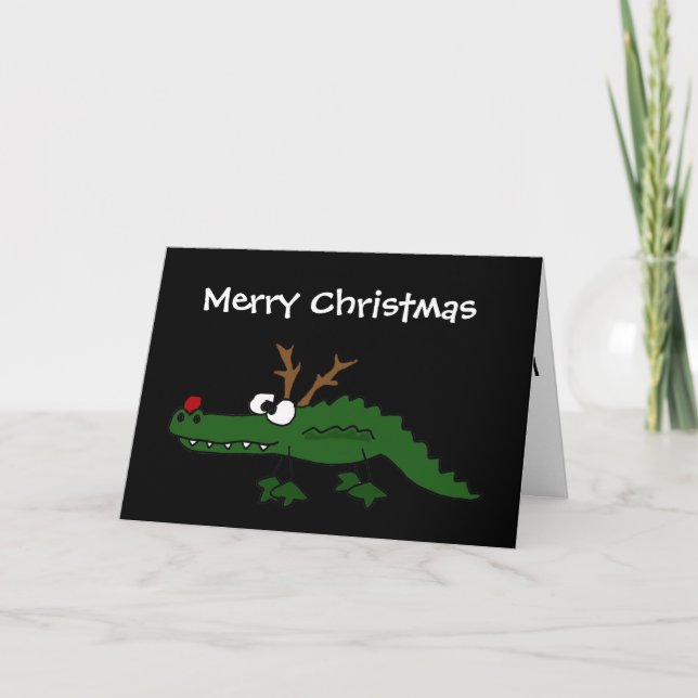 Lustiger Weihnachtsalligator als Ren Feiertagskarte (Vorderseite)