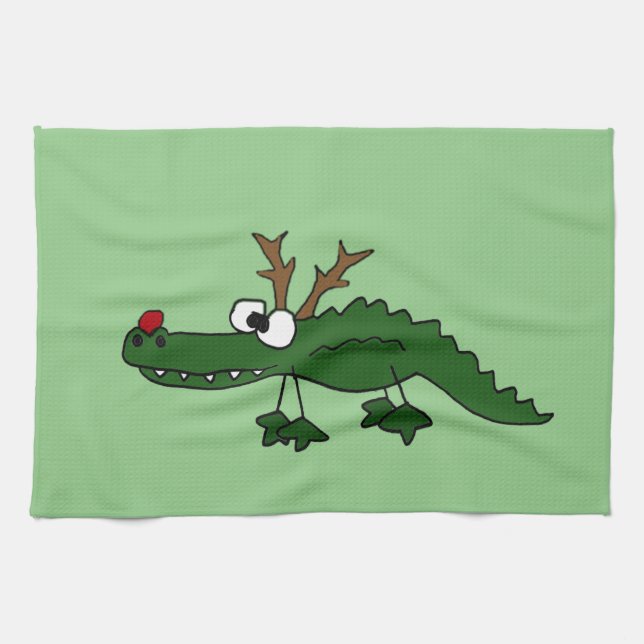 Lustiger Weihnachtsalligator als Ren Geschirrtuch (Horizontal)
