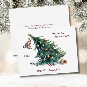 Lustiger Weihnachtsbaum baumelnde Katze personalis Feiertagskarte