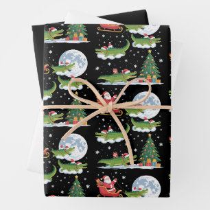 Lustiger Weihnachtsbaum mit Lichtern Santa reitet  Geschenkpapier Set