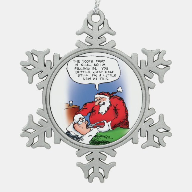 Lustiger WeihnachtsCartoon Zahn-Fee-Sankt Schneeflocken Zinn-Ornament (Vorderseite)