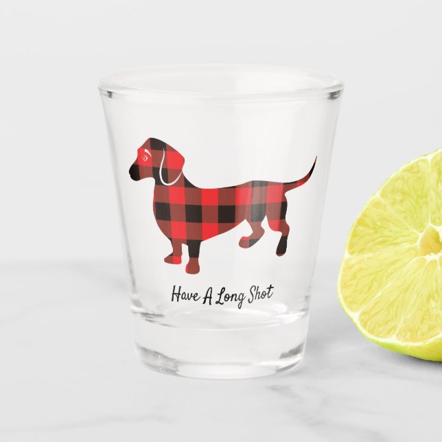 Lustiger WeihnachtsDackel-Flanell kariert Schnapsglas (Vorderseite)