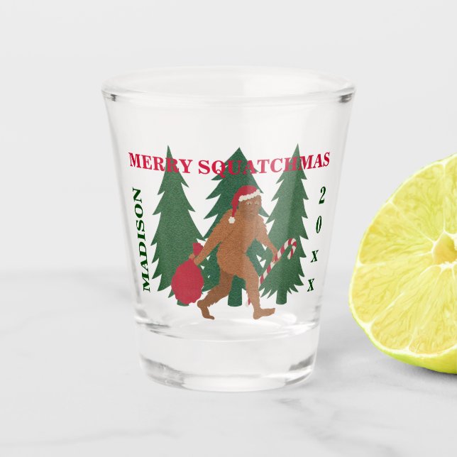 Lustiger WeihnachtsGeek Sankt Squatch Schnapsglas (Vorderseite)