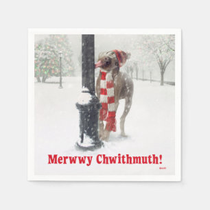 Lustiger Weihnachtshund leckt Polen Serviette