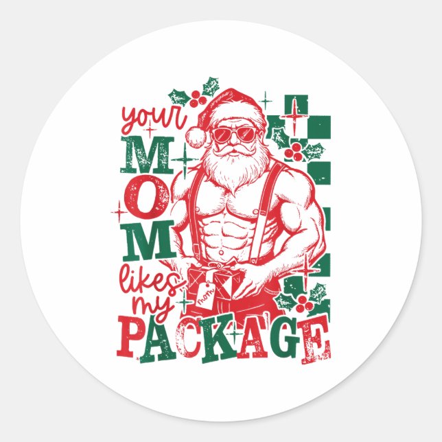 Lustiger Weihnachtsmann Deine Mutter mag mein Pake Runder Aufkleber (Vorderseite)