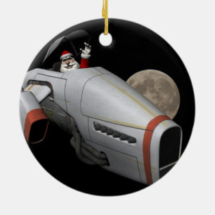 Lustiger Weihnachtsmann fliegt ein Raumschiff Keramikornament