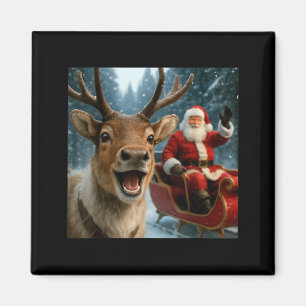 Lustiger Weihnachtsmann im Schlitten mit Rentier W Magnet