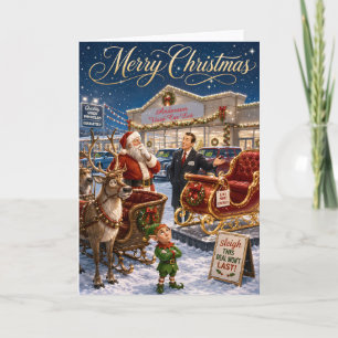 Lustiger Weihnachtsmann kauft neuen Schlitten Weih Feiertagskarte
