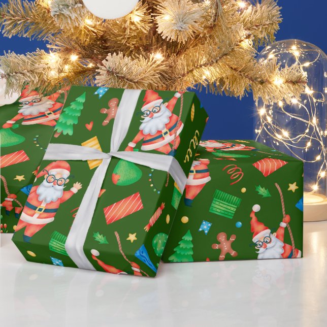 Lustiger Weihnachtsmann mit Geschenken Grün  Geschenkpapier (Feiertage)