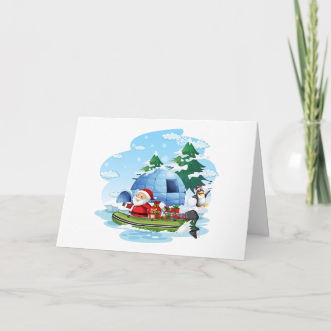 Lustiger Weihnachtsmann mit Geschenken im Boot Karte (Vorderseite)
