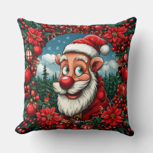 Lustiger Weihnachtsmann mit Kranz und Ornamenten Kissen
