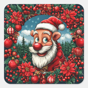 Lustiger Weihnachtsmann mit Kranz und Ornamenten Quadratischer Aufkleber