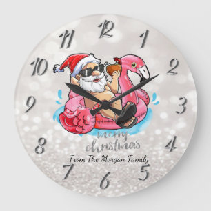 Lustiger Weihnachtsmann, Rosa Flamingos Weihnachte Große Wanduhr