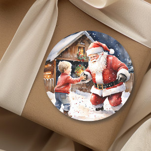Lustiger Weihnachtsmann-Schneeballkampf nostalgisc Runder Aufkleber