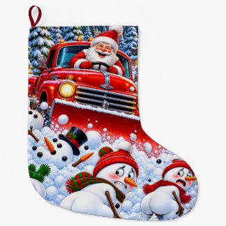 Lustiger Weihnachtsmann Schneepflug macht Schneemä Großer Weihnachtsstrumpf