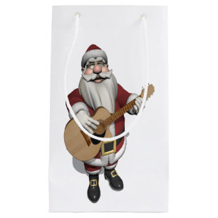 Lustiger Weihnachtsmann spielt Accoustic Gitarre Kleine Geschenktüte