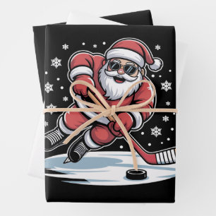 Lustiger Weihnachtsmann spielt Eishockey Xmas  Geschenkpapier Set