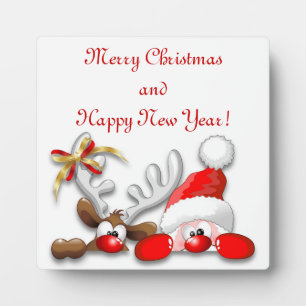 Lustiger Weihnachtsmann und Rentier Cartoon-Schild Fotoplatte
