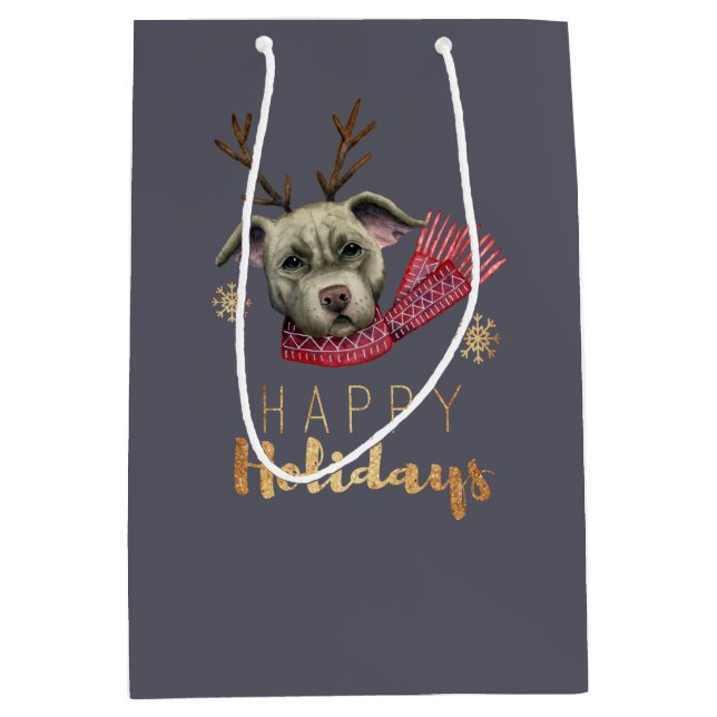 Lustiger Weihnachtsren-Pitbull-Hund Mittlere Geschenktüte (Vorderseite)