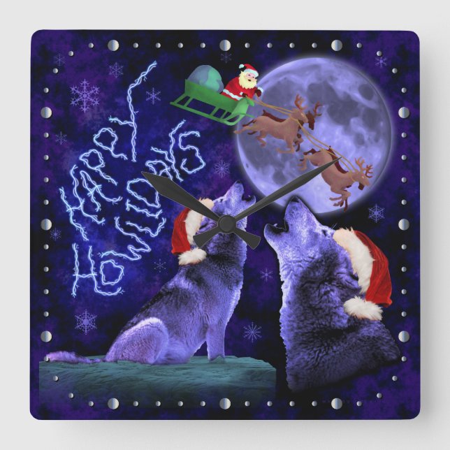 Lustiger Weihnachtswolf-Wortspiel-Tier-Spaß Quadratische Wanduhr (Vorderseite)