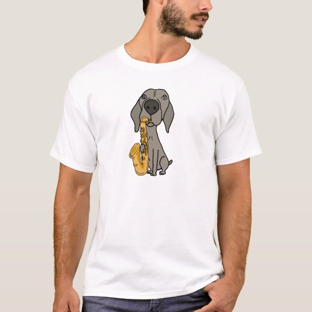 Lustiger Weimaraner Hund, der Saxophon spielt T-Shirt (Vorderseite)