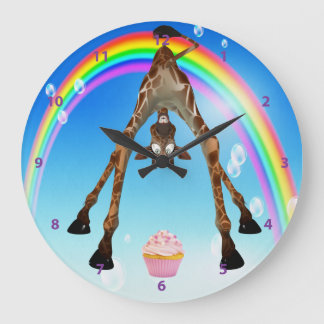 Lustiger wunderlicher Giraffen-kleiner Kuchen u. Große Wanduhr
