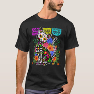 Lustiger Zucker-Schädel Calavera Katze Dia de Muer T-Shirt