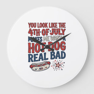 Lustiges 4. Juli Hot Dog patriotisches Shirtsdesig Große Wanduhr