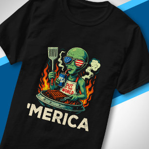 Lustiges Amerika Alien BBQ Grillen Patriotisch Ret T-Shirt