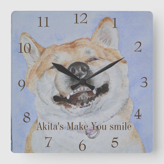 lustiges Bild von akita lächelnder Hund Quadratische Wanduhr (Vorderseite)