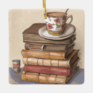 Lustiges Buch-Pun Bücher und Kaffee Weihnachten Keramikornament