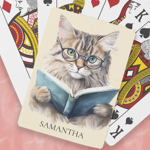 Lustiges Bücherwurm-Katzen-Brillen-Monogramm Name Spielkarten