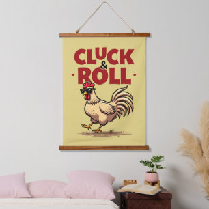 Lustiges "Cluck & Roll" Cooles Hahn Cartoon-Design Wandteppich Mit Holzrahmen