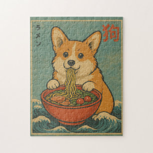 Lustiges Corgi-Ramen-Vintage-Japanisches-Kunstpuzz