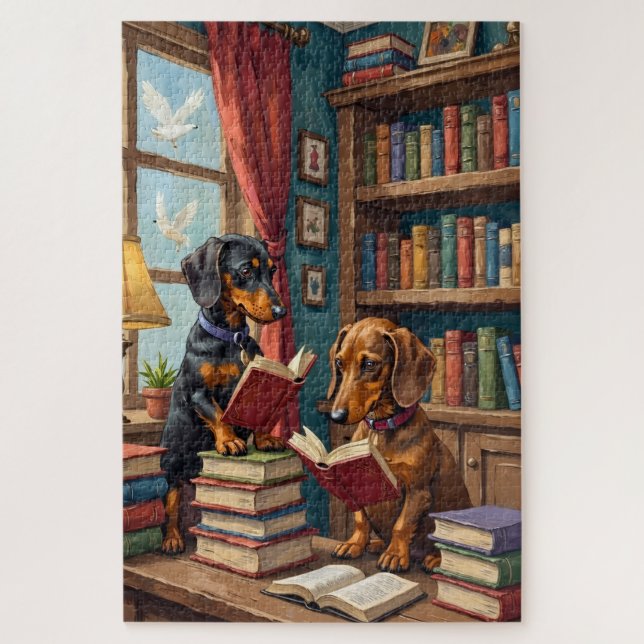 Lustiges Dachshund-Buchladen-Lesender-Hundefan-Kun (Vertikal)