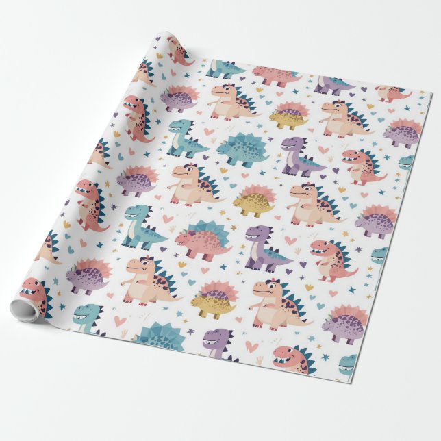 Lustiges Design farbenfrohes Dinosaurier-Muster Geschenkpapier (Ungerollt)