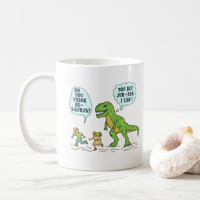 Lustiges Dinosaurier-Jurawortspiel-humorvolles Kaffeetasse (Mit Donut)
