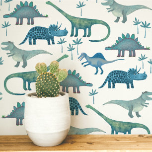 Lustiges Dinosaurier-Muster Blau Weiß Kinder Tapete
