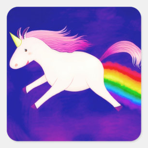Lustiges Farting Fliegen-Einhorn ein Regenbogen Quadratischer Aufkleber