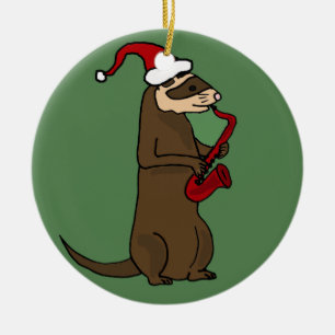 Lustiges Frettchen, das Saxophon-Weihnachtskunst Keramikornament