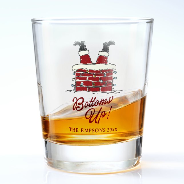 Lustiges Frohe Weihnachten Santa Bottoms Up Friend Schnapsglas (Funny Christmas shot glass with Santa’s legs upside down in a chimney and text reading Bottoms Up)